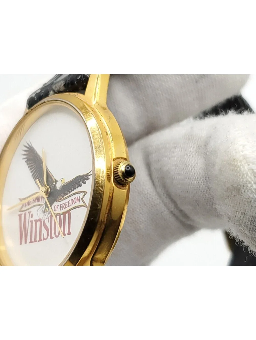 Winston Quartz Watch New Battery Gold Tone Black Band Round 32mm